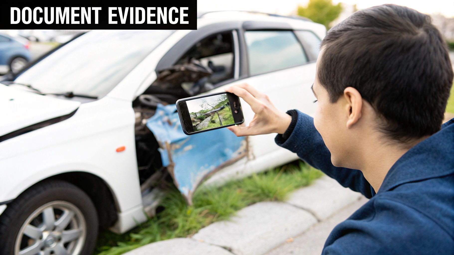 Two people reviewing paperwork after a car accident