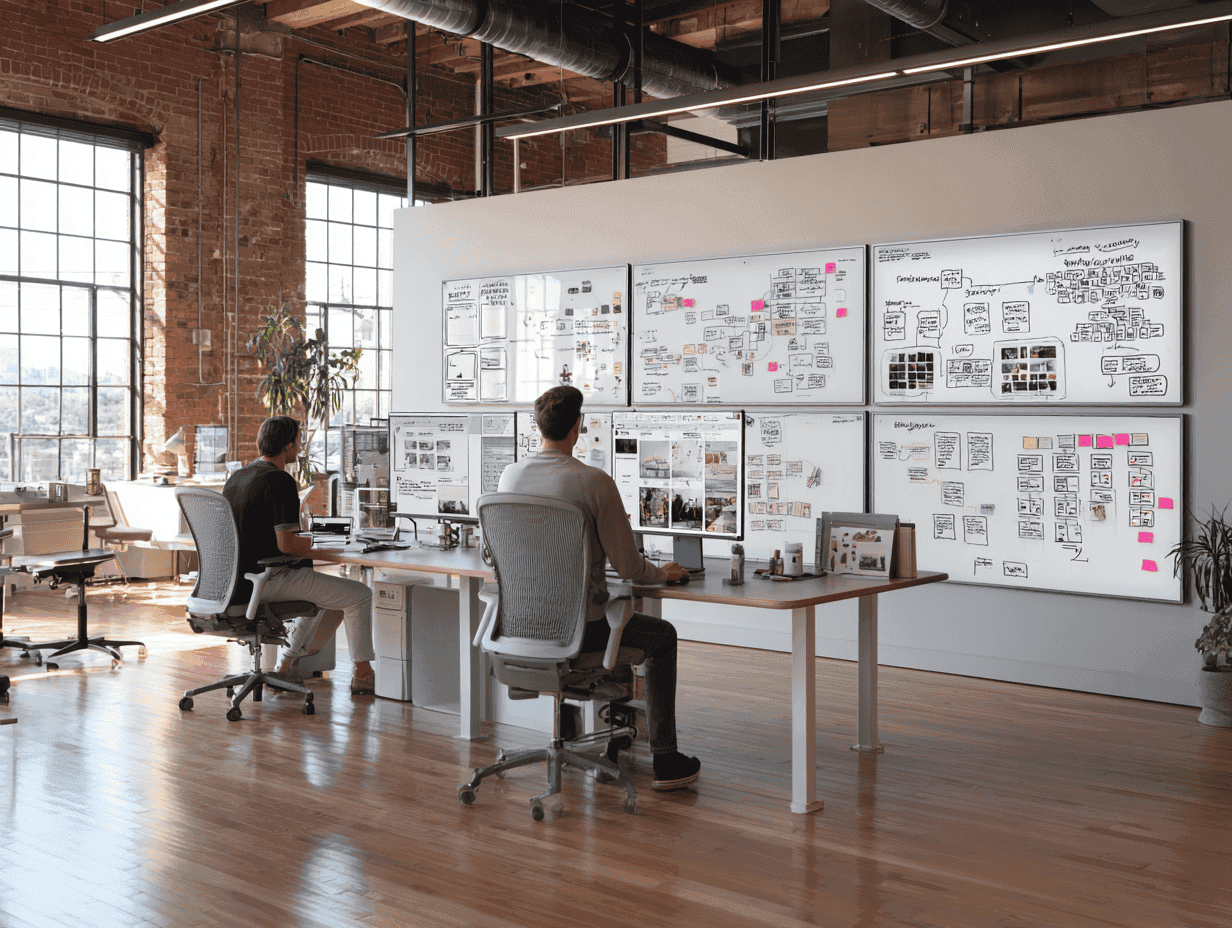 A modern workspace showing professionals optimizing workflows on digital dashboards and whiteboards
