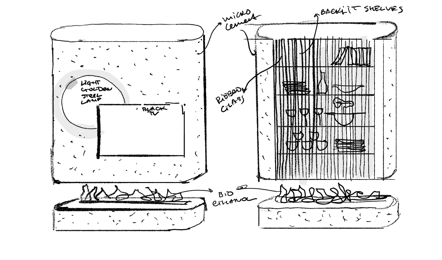 Concept sketch for a bespoke fireplace designed for a residential interior.