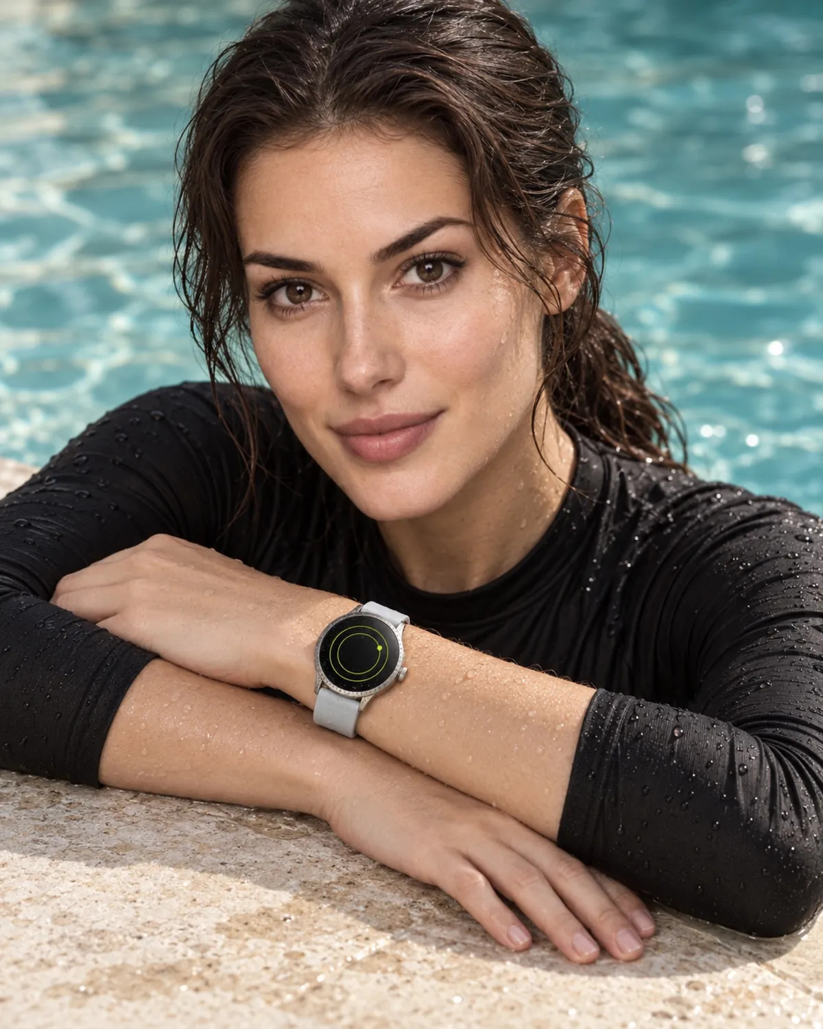 Resting at the pool edge, wearing AXIS
