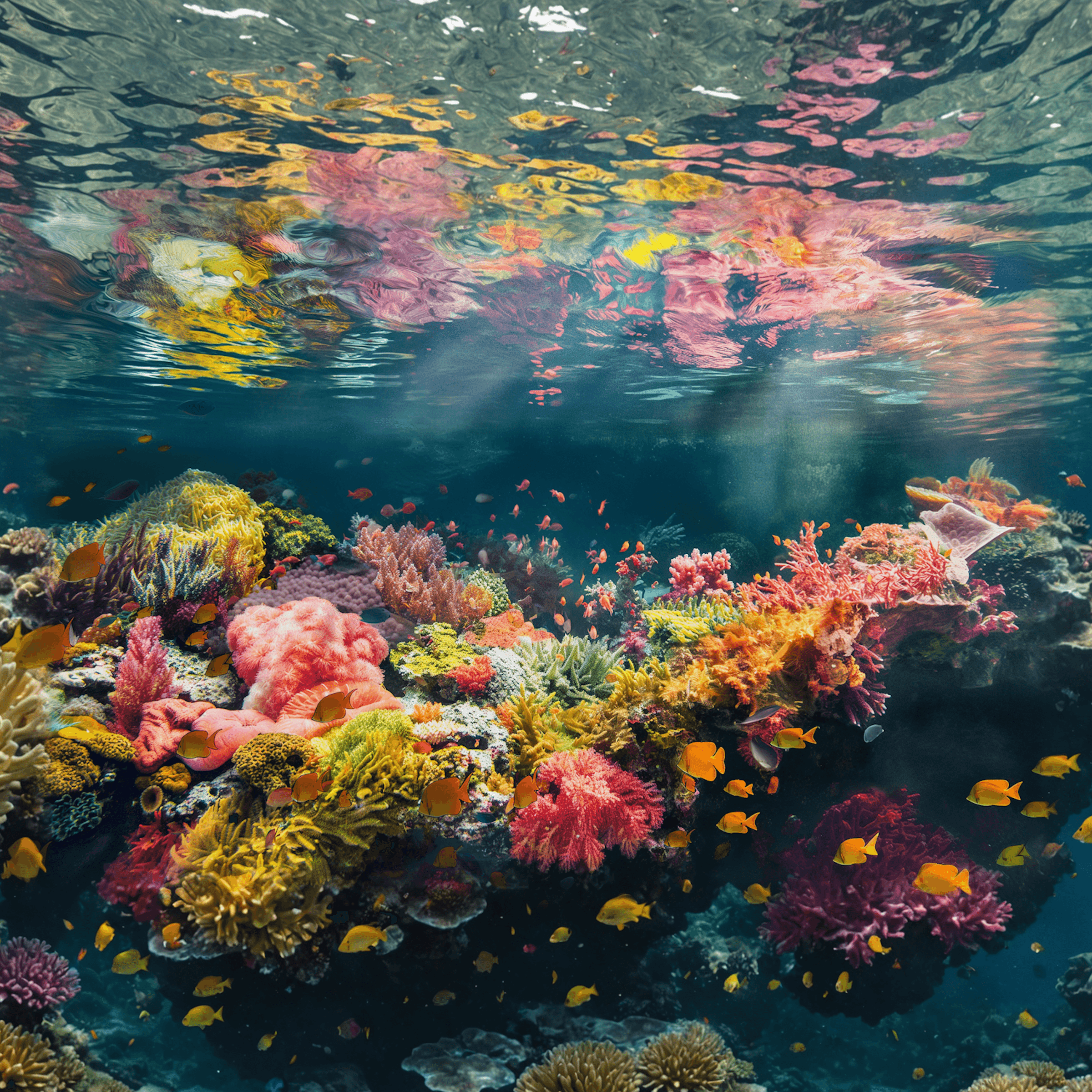 Colorful coral reef with exotic fish, dramatic underwater scene — generated with Lore