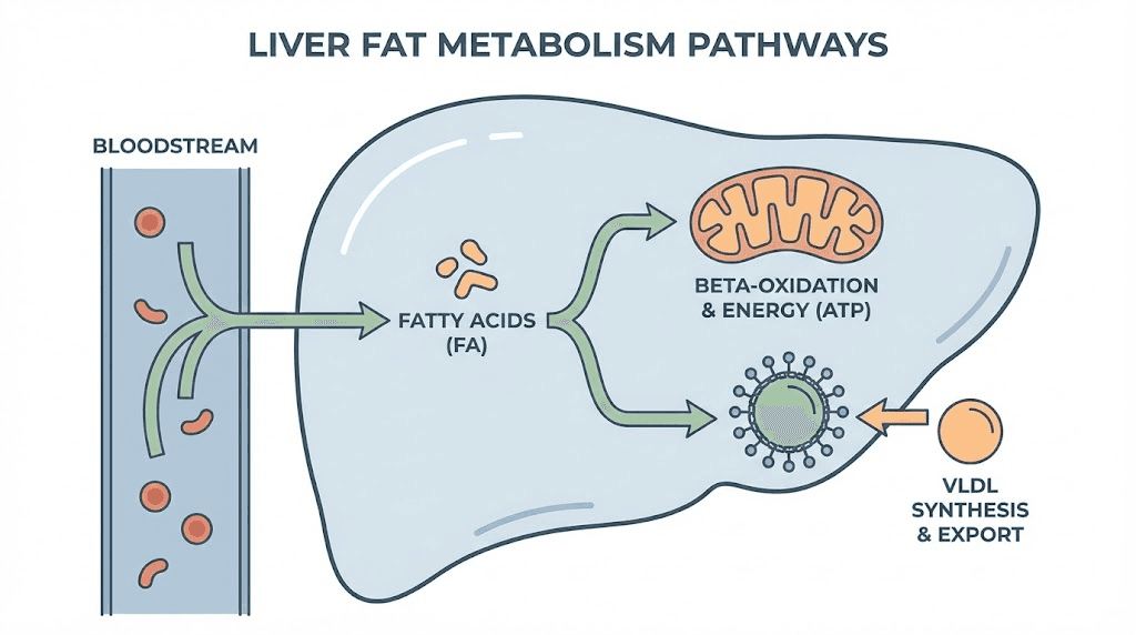 Liver fat metabolism diagram showing lipotropic peptide mechanisms