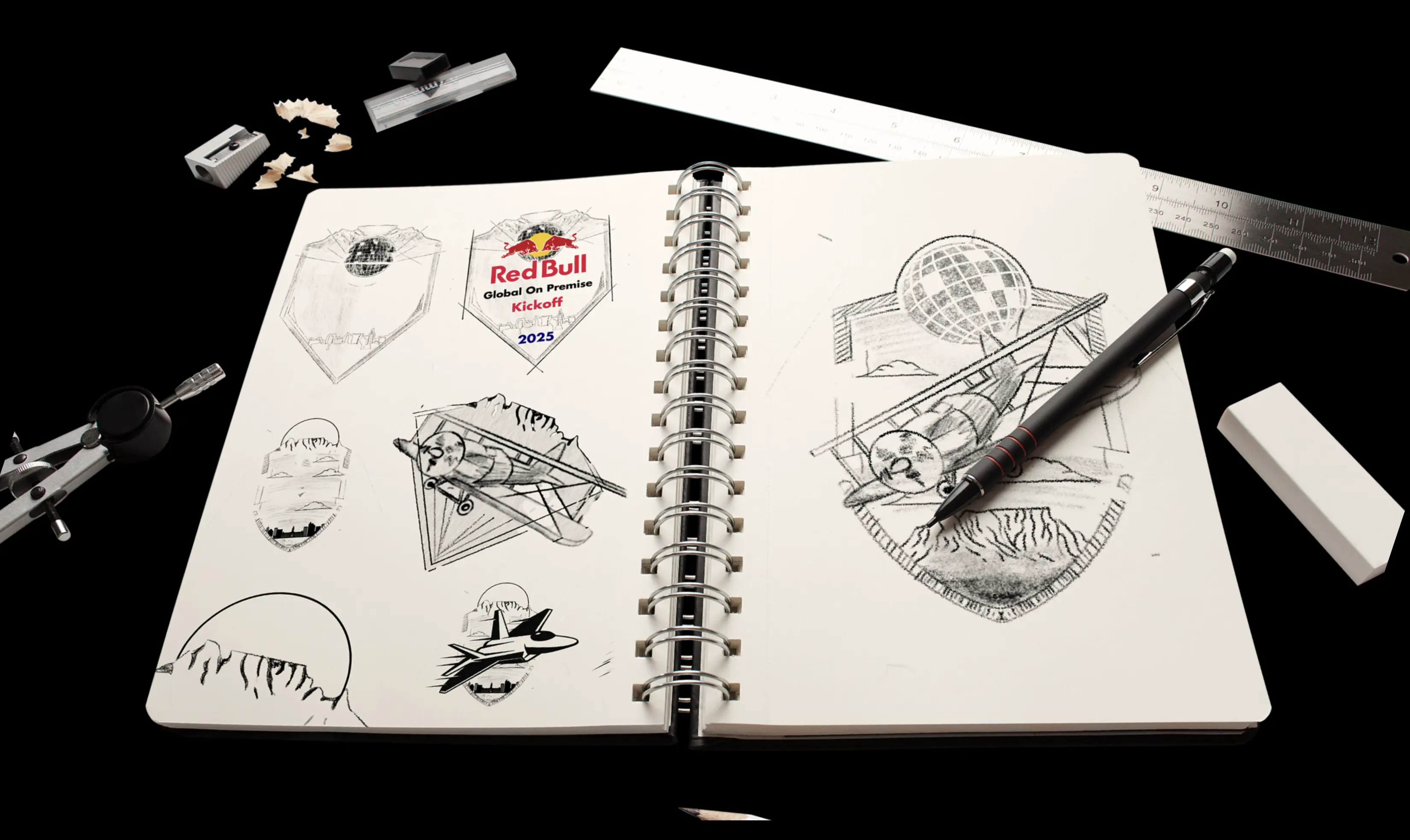 Hand-drawn sketchbook of character concepts and brand doodles for Red Bull packaging design