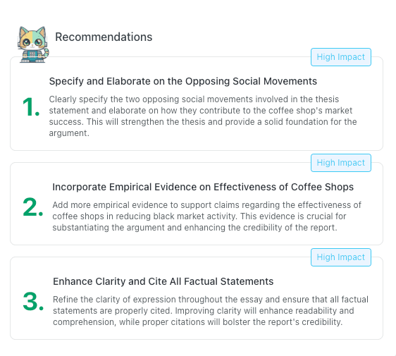 thesify Recommendations panel listing three high-impact suggestions, including elaborating on social movements, adding empirical evidence and improving clarity and citations.
