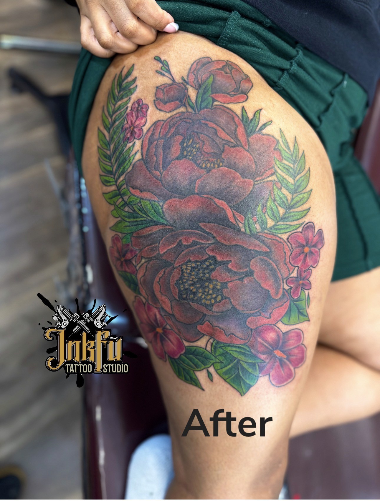 After: Floral Cover-Up, a finished cover-up tattoo on the thigh by Meer Rich