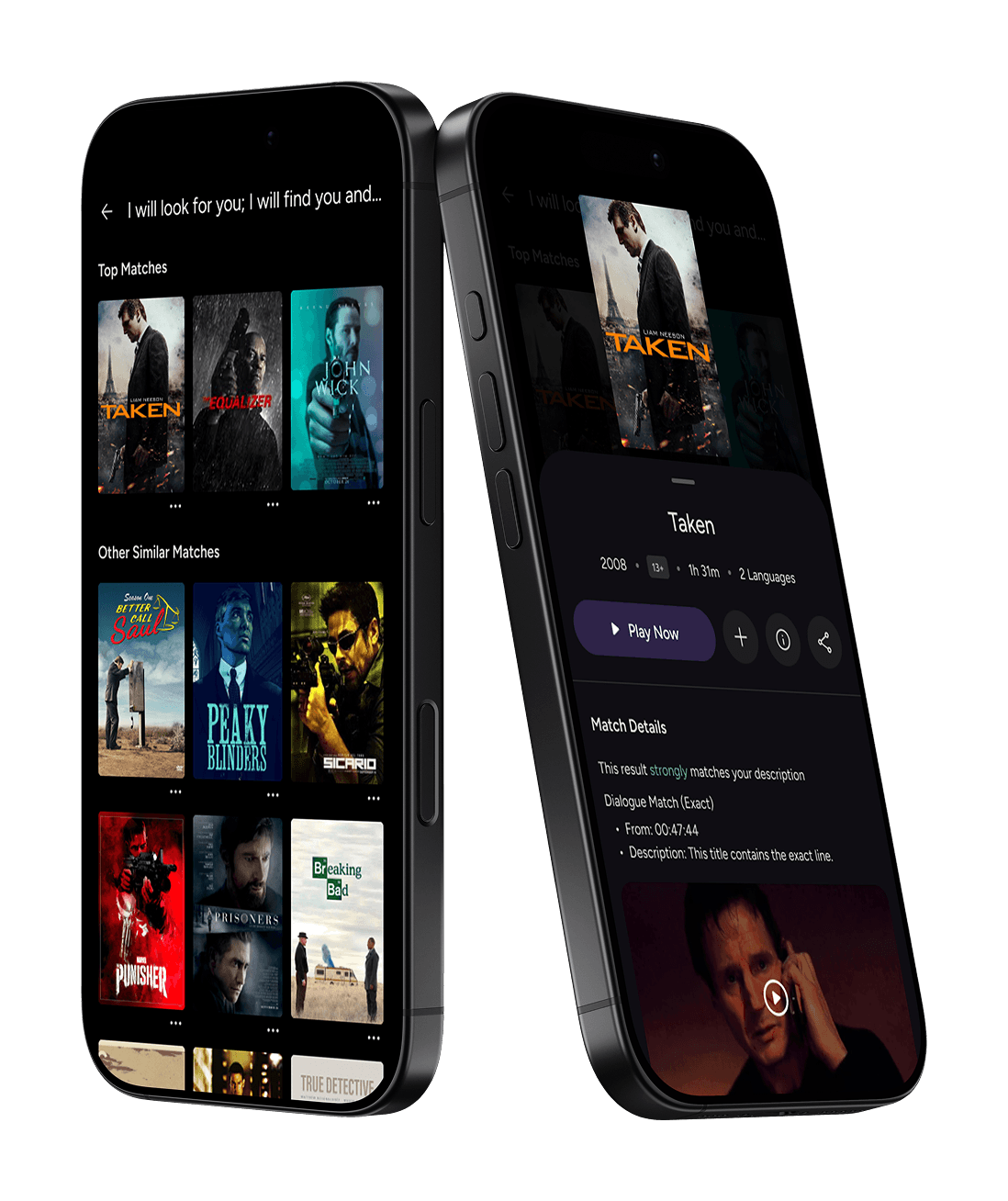 Dialogue-driven search results showing an exact quote match within a specific scene of the movie Taken