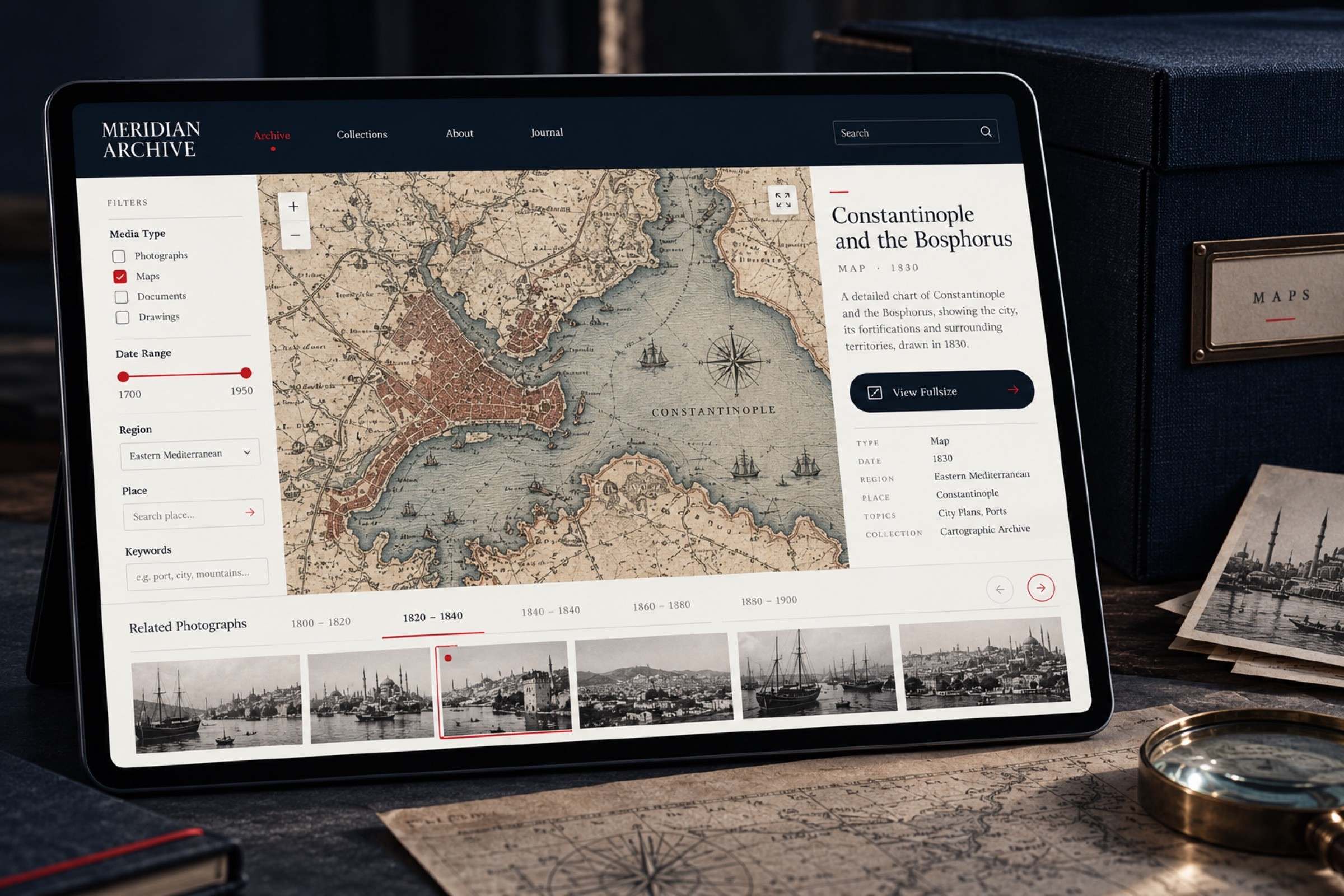 Meridian Archive tablet interface showing a map of Constantinople with filters and related photographs