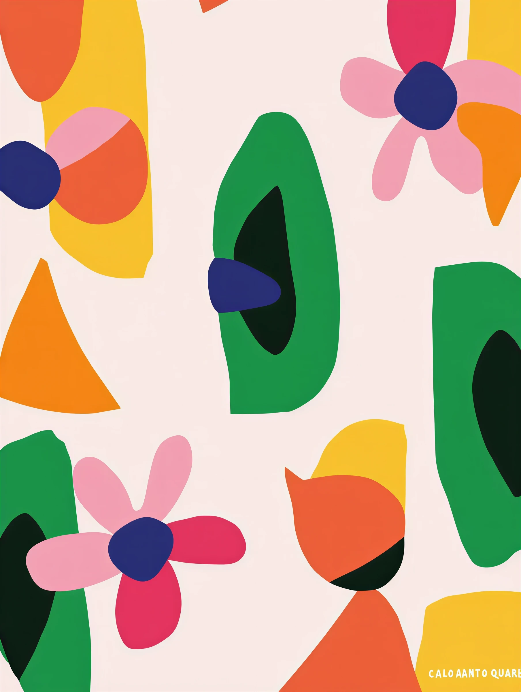 Serein Objects editorial artwork: bold poster of layered floral and organic shapes in orange, pink and green