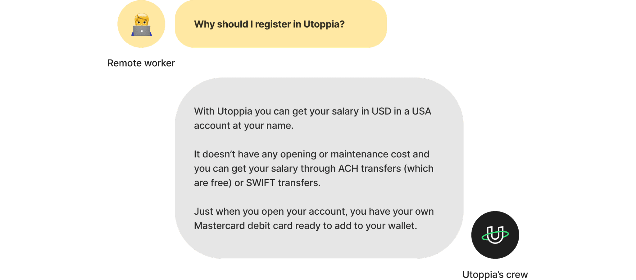 Chat conversation with the remote worker persona explaining the benefits of registration in a conversational tone.