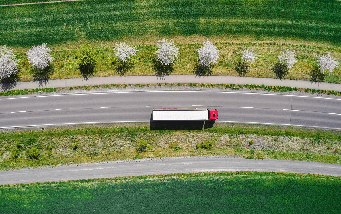 Aerial shot of a truck traveling on the highway, illustrating the complexity of Stockton truck accident cases
