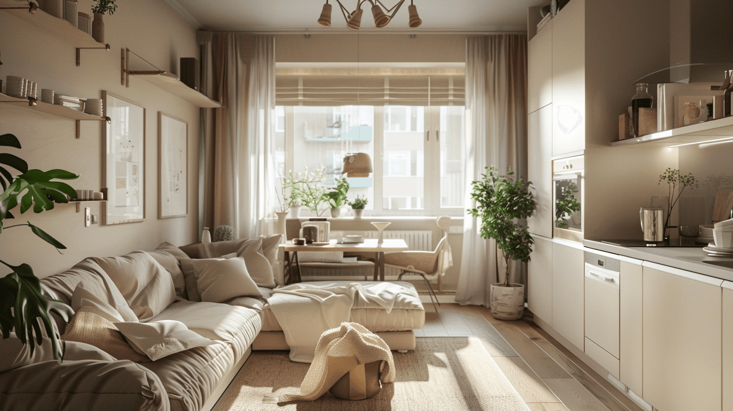 A cozy living room with beige walls, a Scandinavian-style sofa, a wooden coffee table, and minimalistic decor, featuring natural light from large windows.