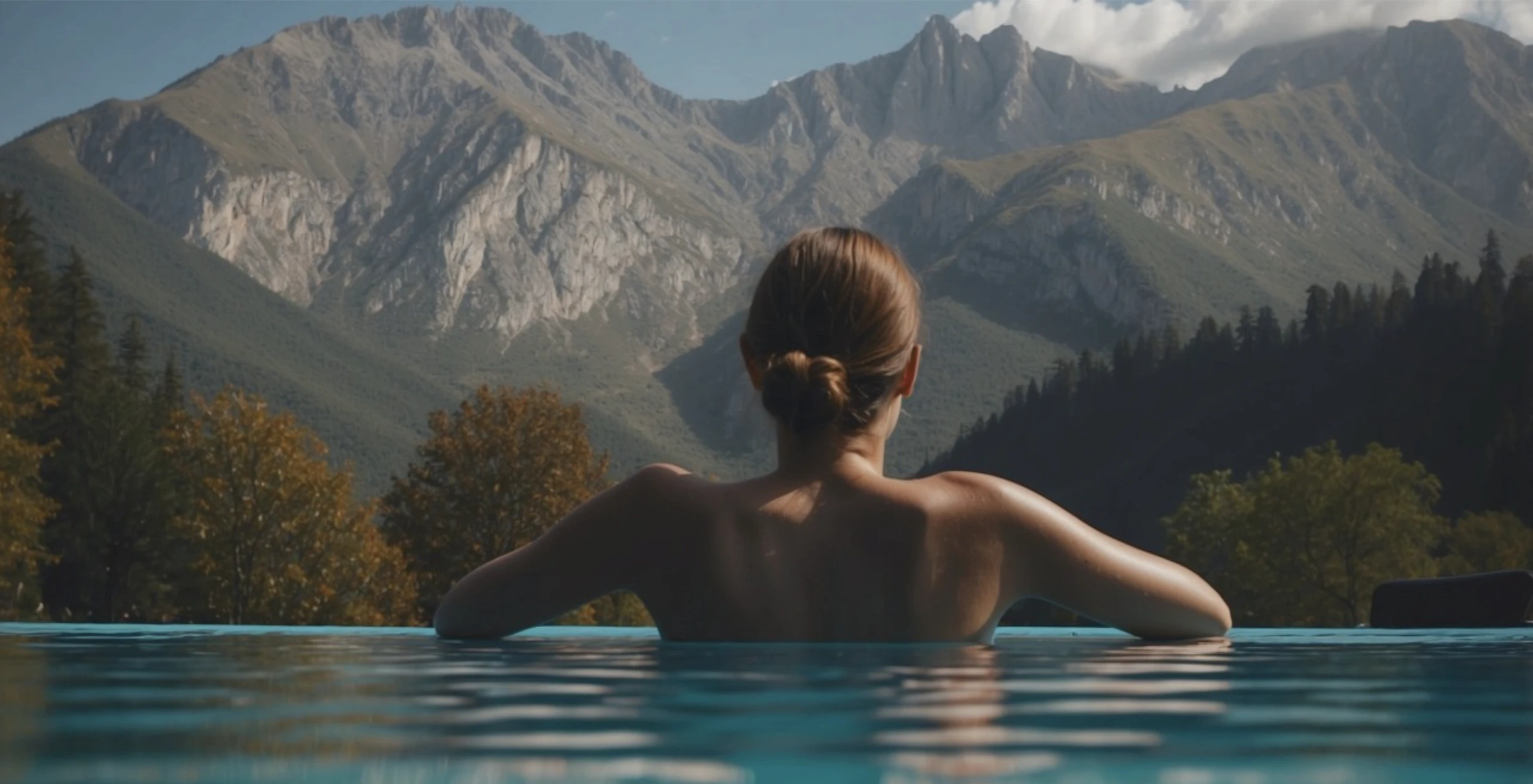 Person in an outdoor infinity pool looking toward rugged mountain peaks