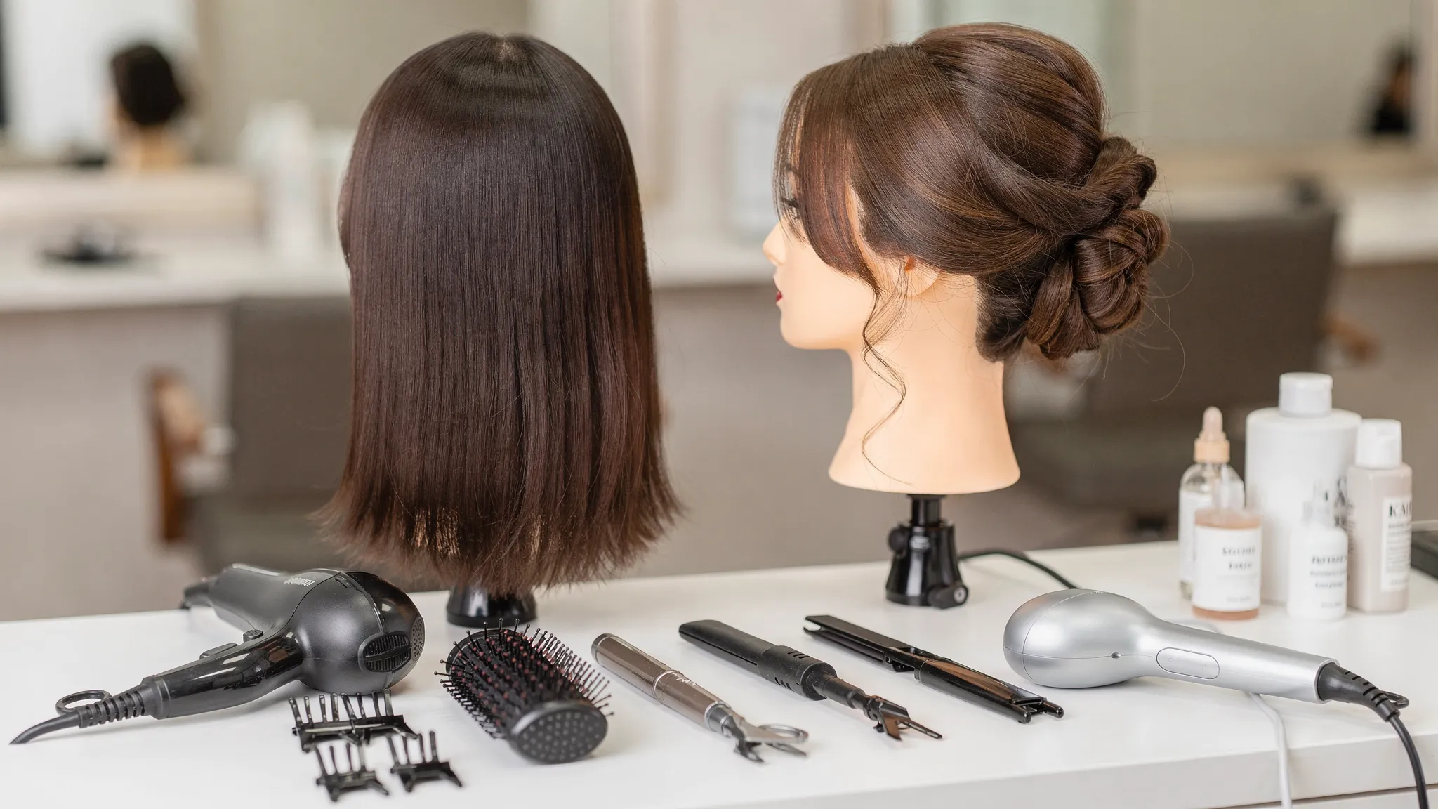 A side-by-side style concept showing a sleek blowout and a soft updo on mannequin heads, with styling tools neatly arranged on a salon station.