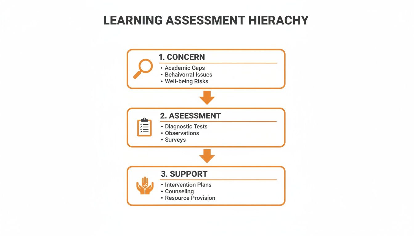 A hierarchical diagram illustrating the three steps of learning assessment: concern, assessment, and support.