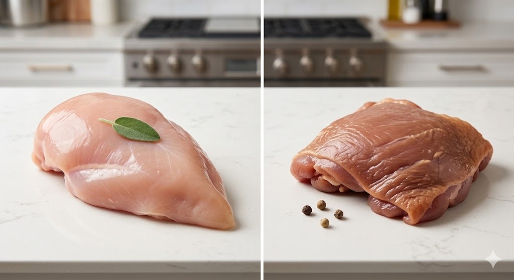 A side-by-side visual comparison of a skinless raw chicken breast with sage on a marble counter (left) and a skinless raw chicken thigh with peppercorns (right), highlighting the difference in meat color and texture.