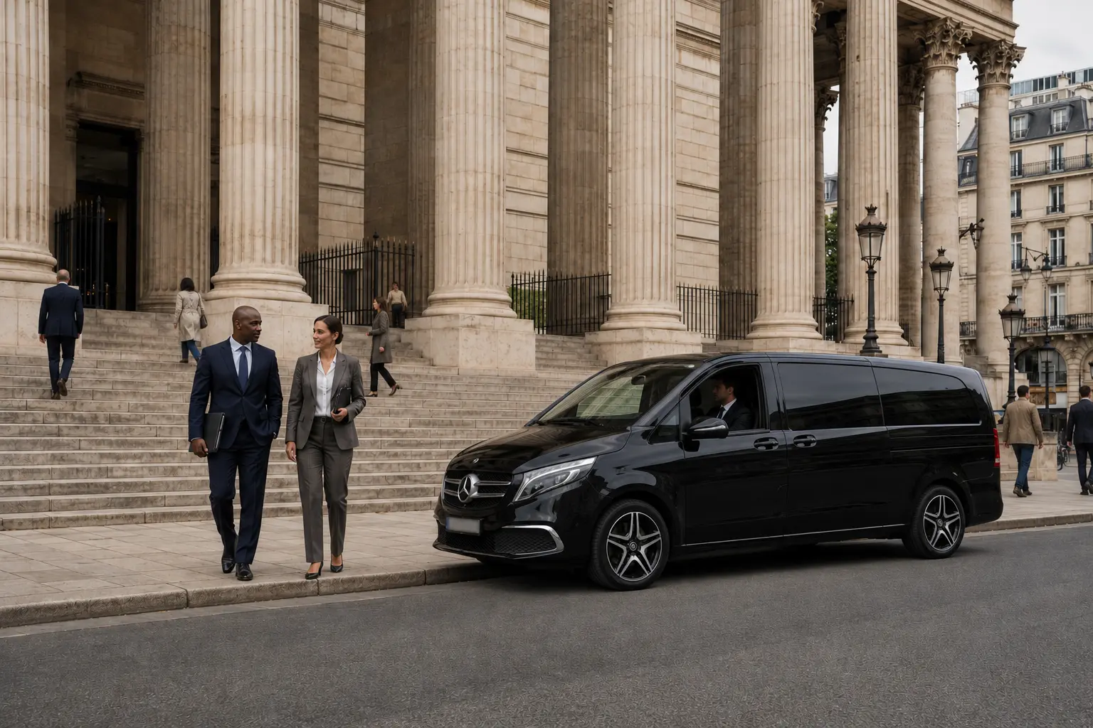 Deux cadres rejoignant un Mercedes-Benz Classe V I.B Line devant le Palais Brongniart à Paris.