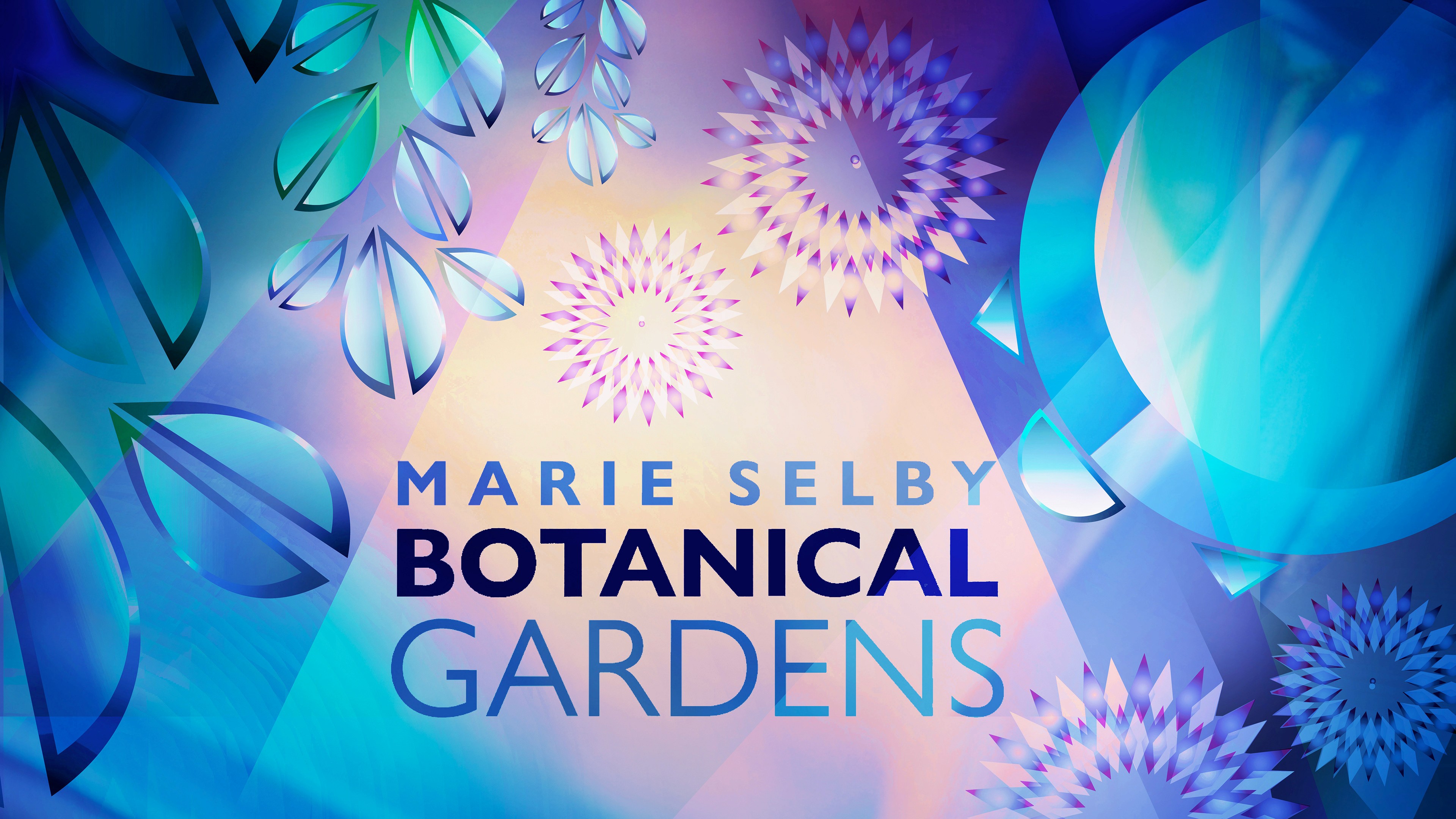 Vibrant poster for “Marie Selby Botanical Gardens” featuring layered teal, blue, and violet gradients with abstract leaf shapes and radial floral motifs surrounding the centered title text. The words “Botanical Gardens” appear bold and prominent, with “Marie Selby” above in lighter lettering, creating a lush, modern, and luminous composition inspired by botanical forms.