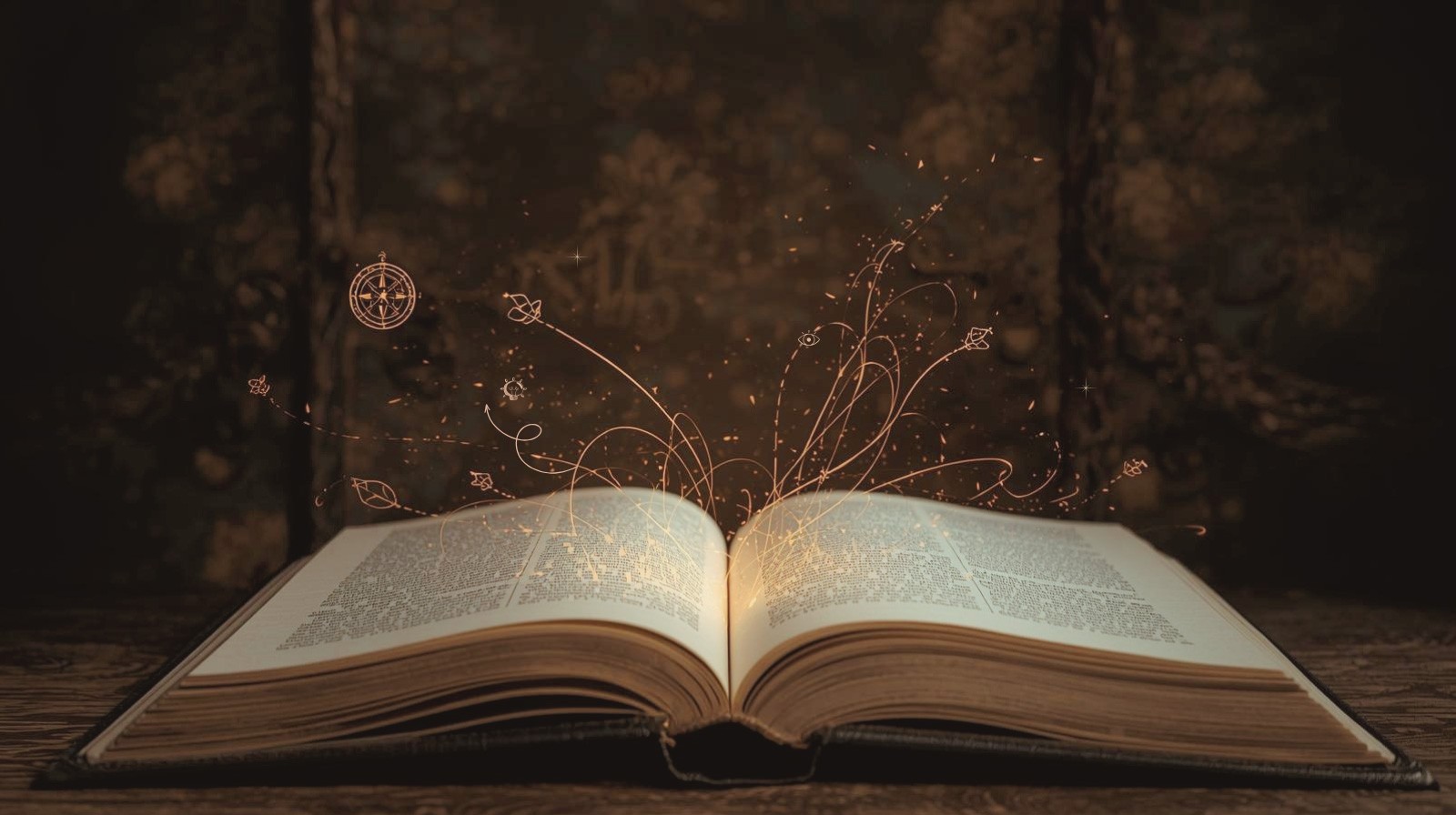 Libro aperto da cui emergono linee dorate e una piccola bussola luminosa al centro delle pagine.