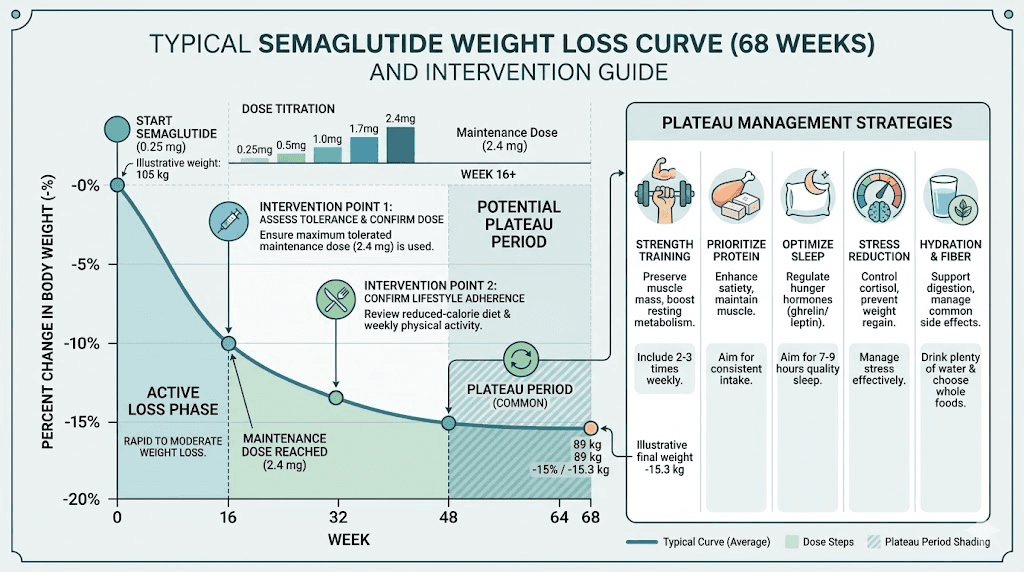 Semaglutide weight loss timeline graph showing typical plateaus and expected results