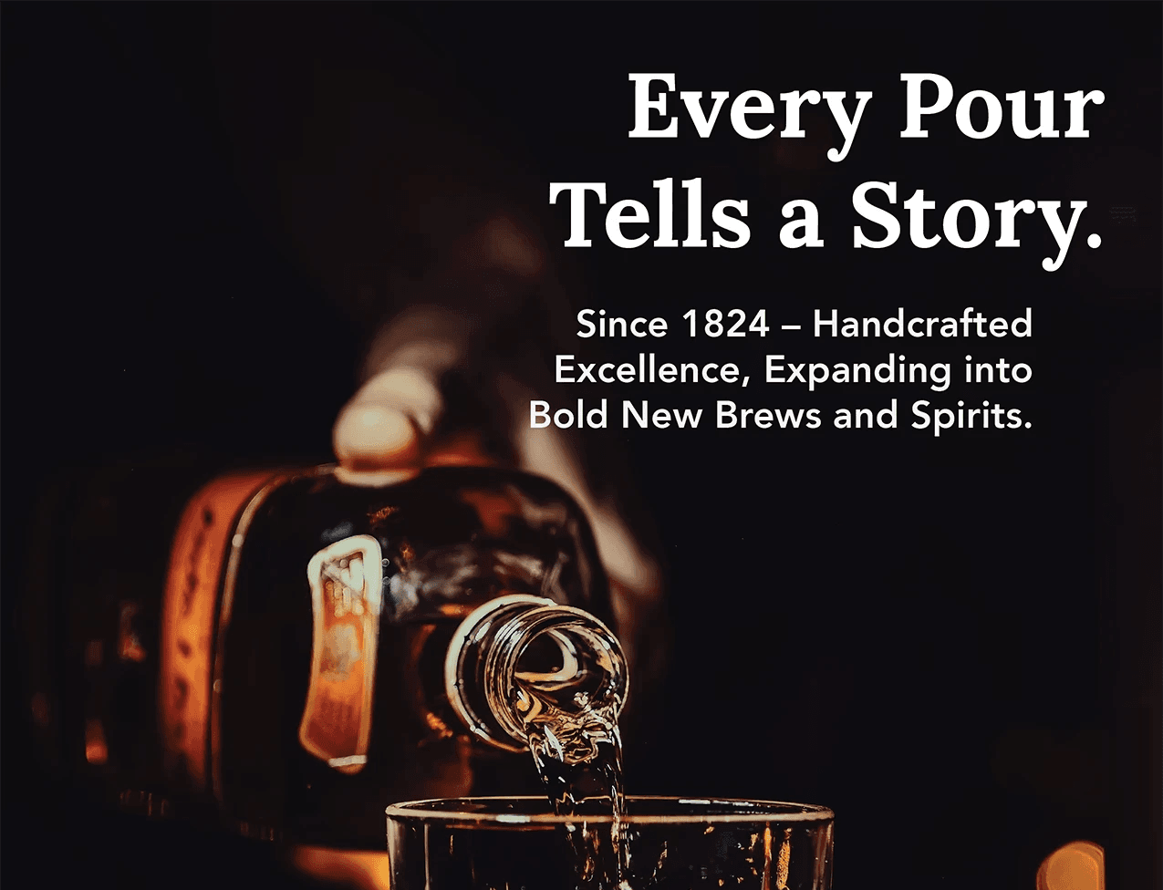 Krug Brewery advertisement – whiskey pouring into crystal glass with warm lighting and gold diagonal accent showcasing craft spirits heritage