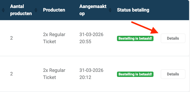 Overzicht van bestellingen met de knop Details