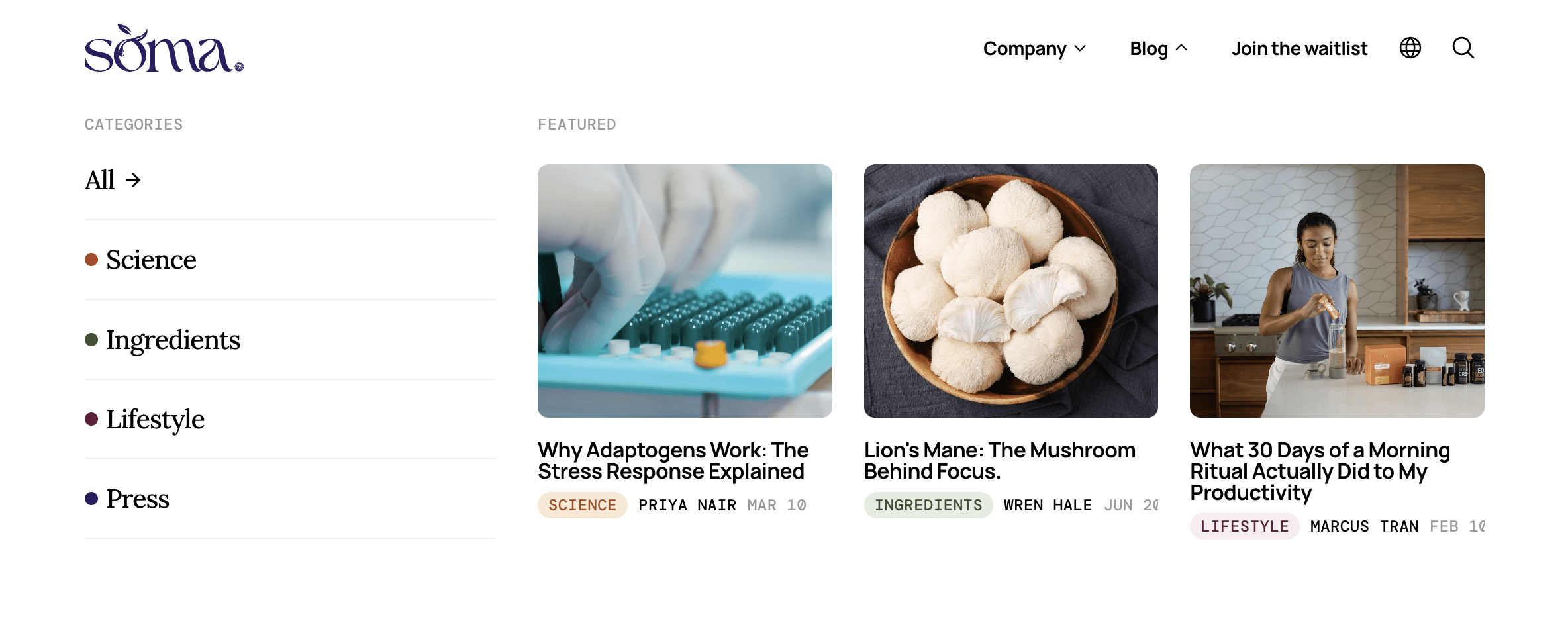 Screenshot of SÒMA.'s website navigation 'Blog" dropdown.