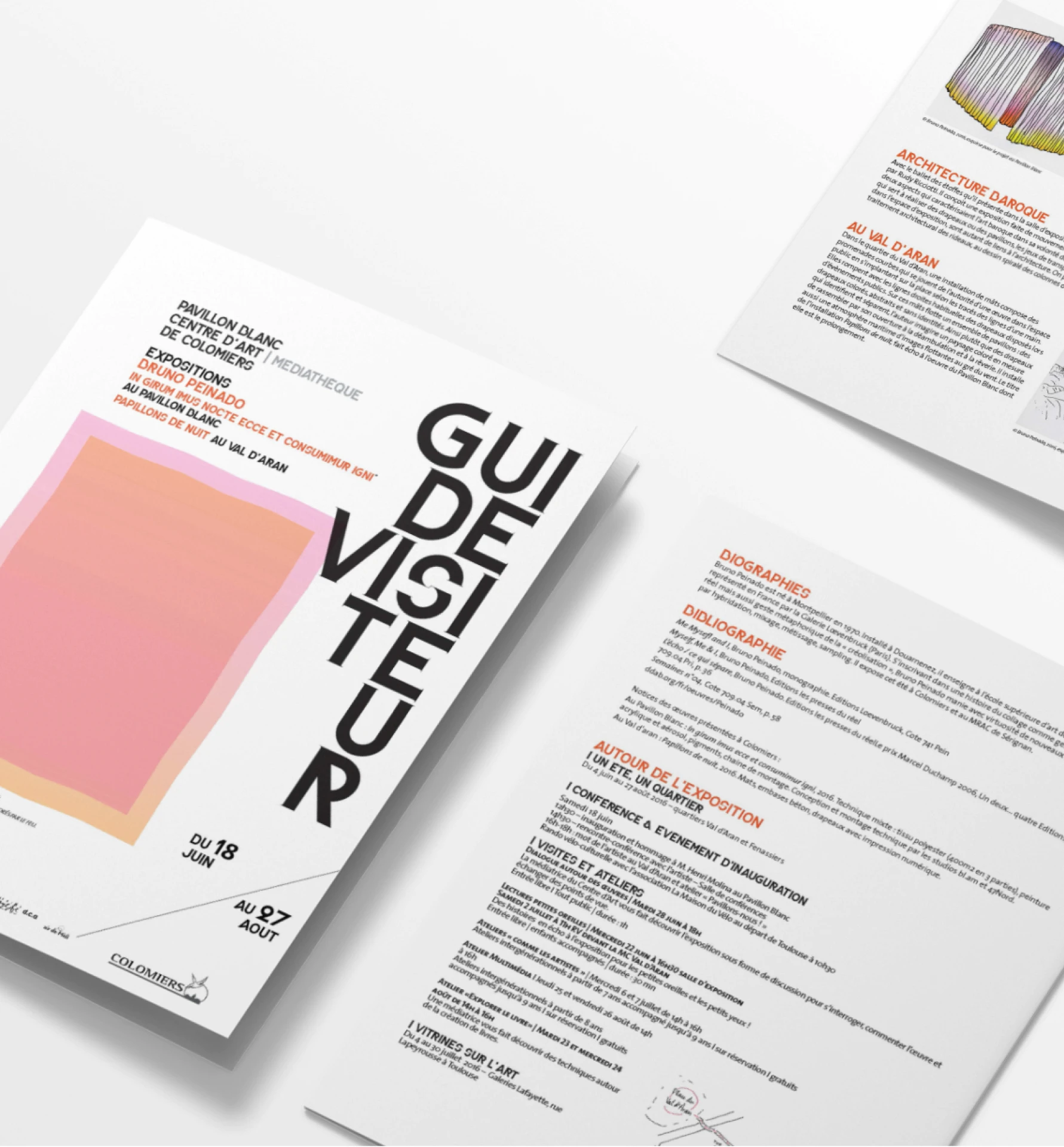 Mockup couverture du guide visiteur exposition Bruno Peinado au Pavillon Blanc — typographie expressive "Guide de Visiteur" et œuvre colorée en dégradé rose, Tartelette Concept graphiste Toulouse