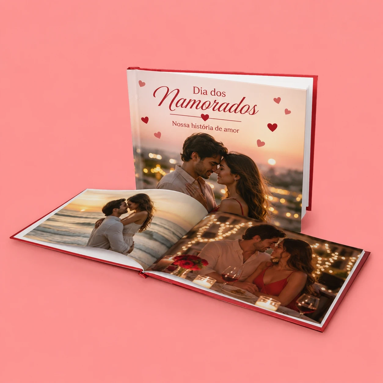 Pessoa segurando fotolivro com foto de mulher sorrindo ao ar livre, com a frase “Eu amo o Norte” escrita no canto da imagem