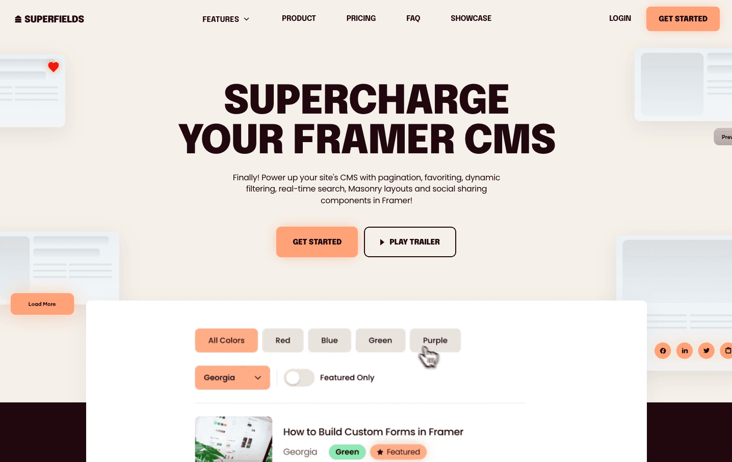 Framer CMS page with features, Get Started button, and trailer video option.