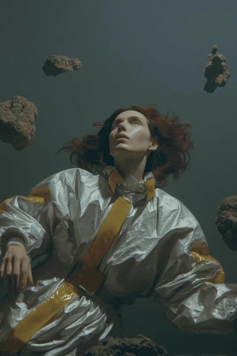 A person with red hair in a metallic silver jumpsuit looking up in a surreal environment with floating rocks.
