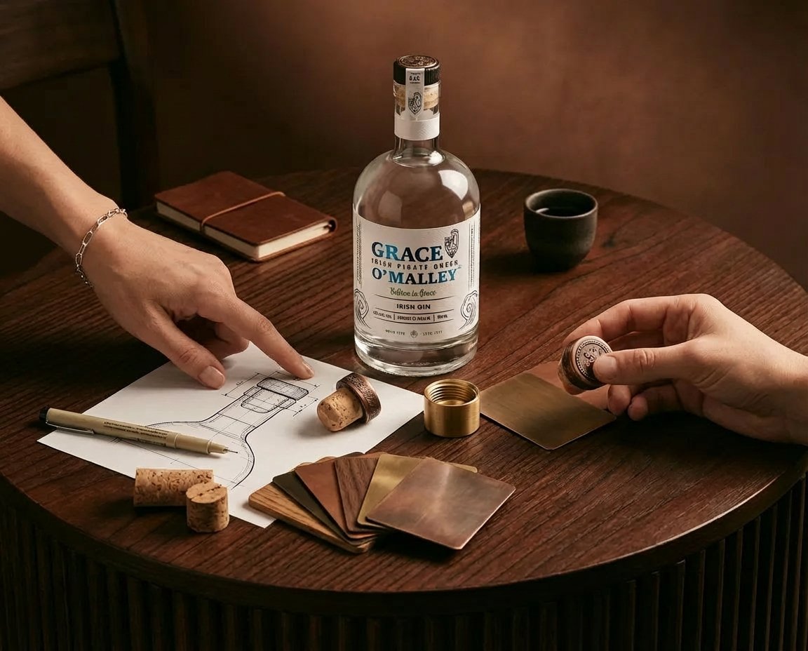 Gin bottle with luxury spirits packaging items: cork stoppers, T-top closures, and design sketches on a wooden table.