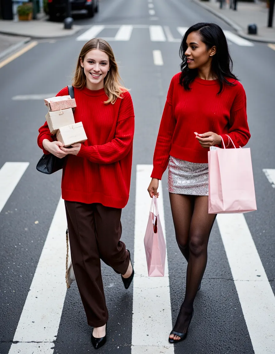 Two women in red sweaters crossing city street with shopping bags during Christmas season