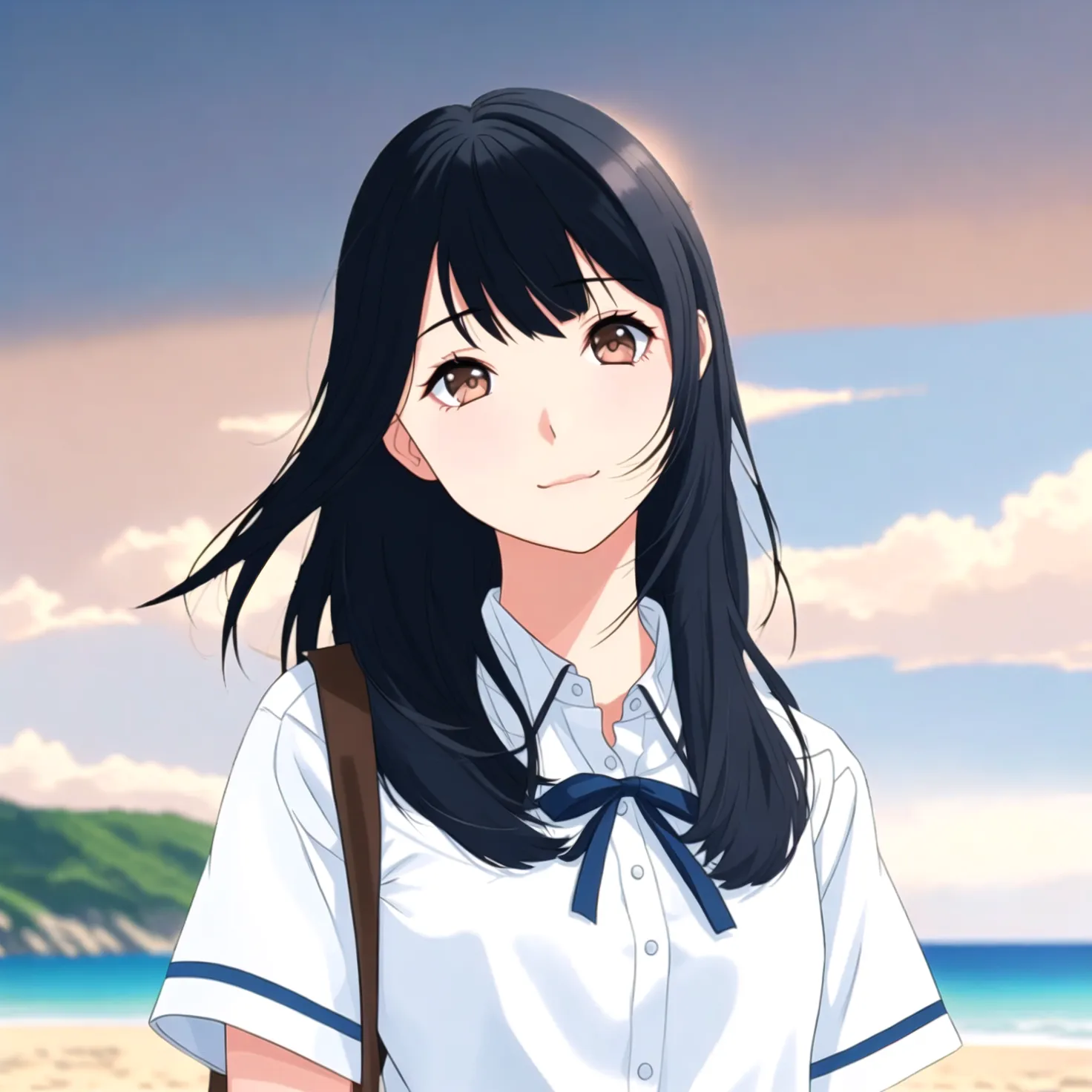 Anime character girl at the beach. Image generated by AI using Fuzer