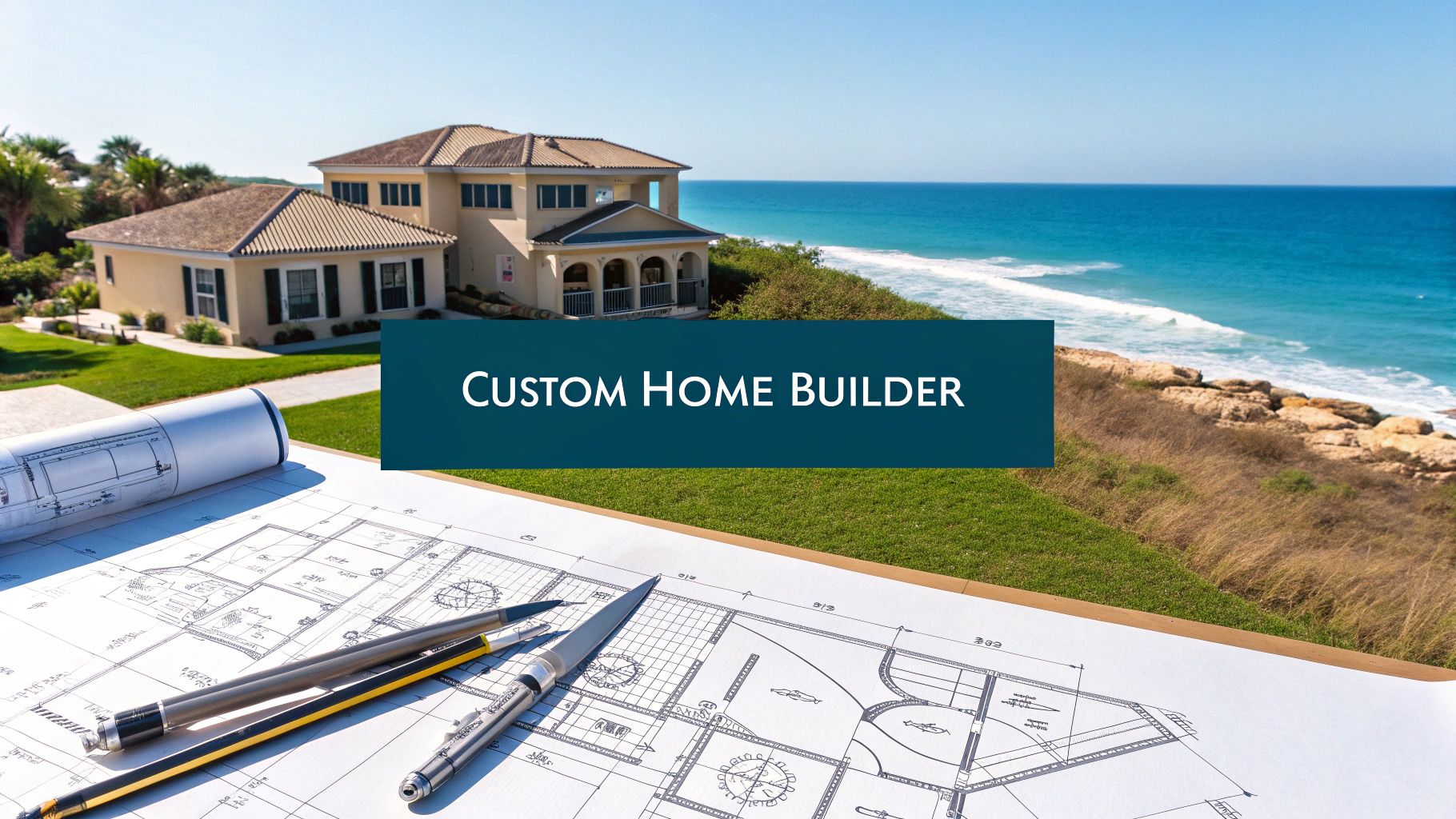 a blueprint in front of a large home with the text 'custom home builder' in the foreground