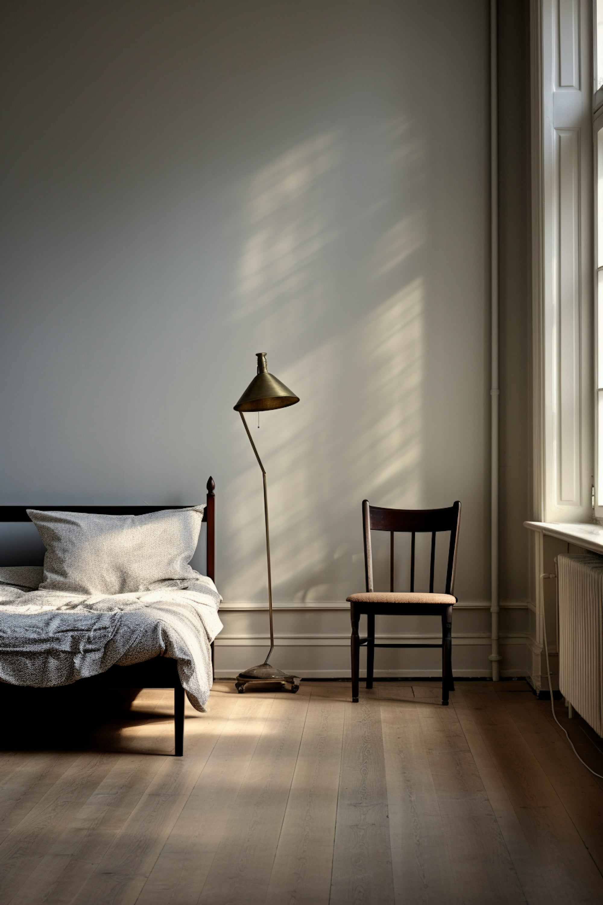 Hôtel du Passage, Lyon: a guest room with a brass floor lamp, spindle chair and morning light.