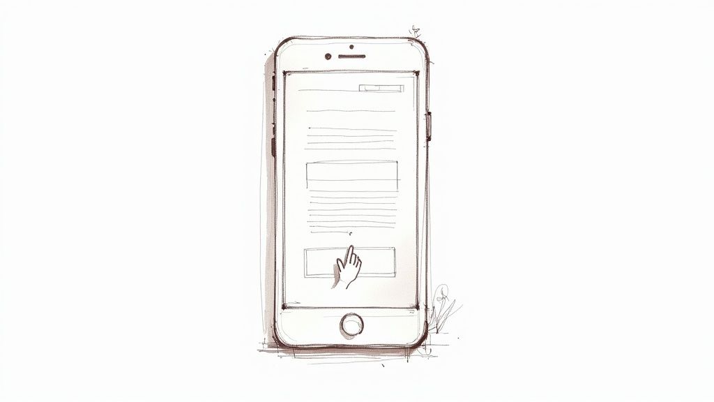 A hand-drawn sketch of a smartphone displaying a form with a finger tapping a button.