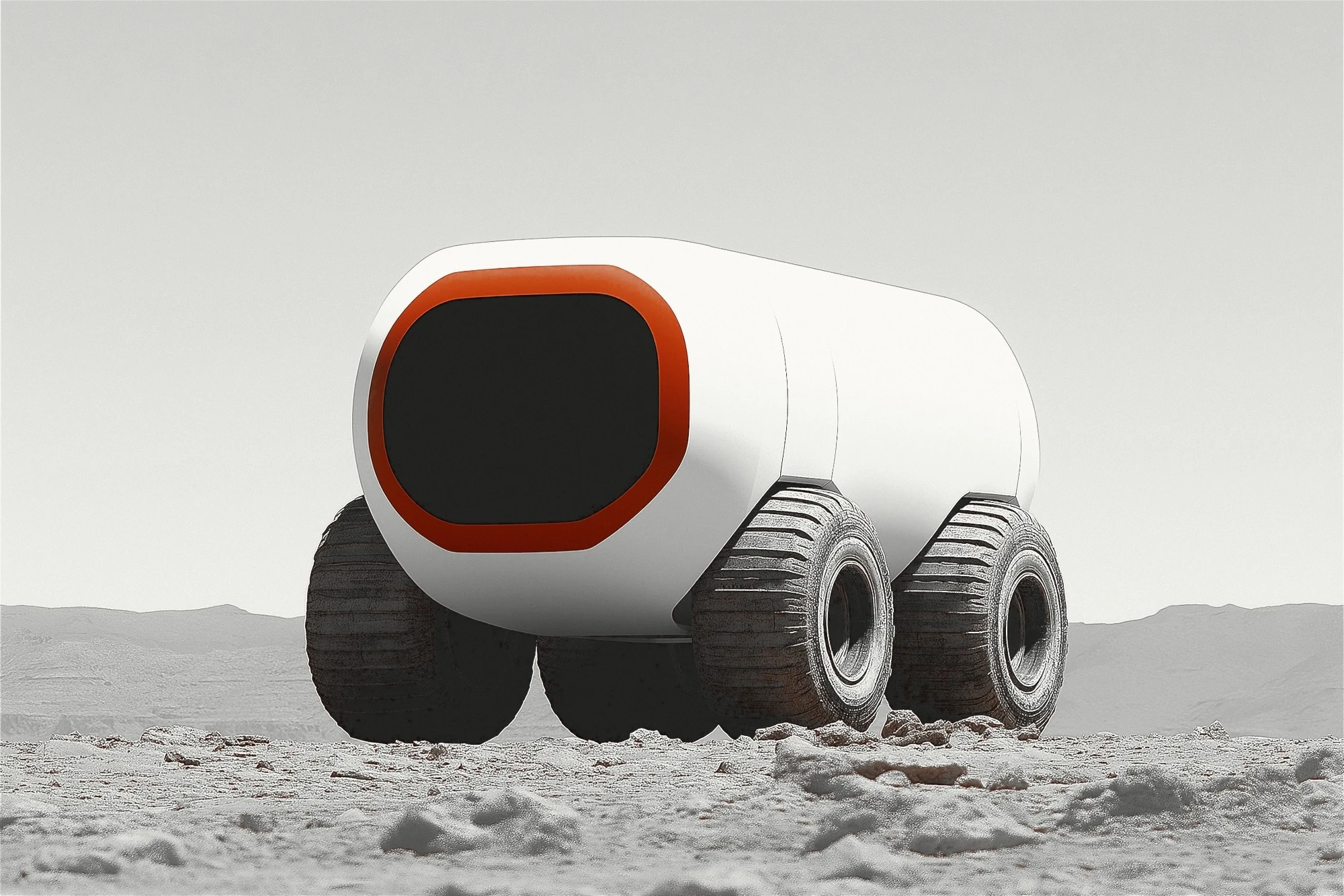 White R-4 rover with an orange face ring on a rocky desert