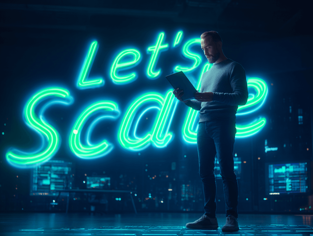 A man focused on his tablet with let's scale on the background
