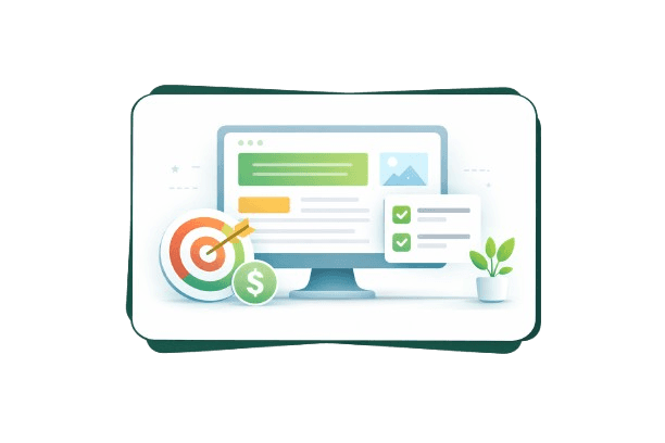 Minimalistic illustration of a landing page on a screen with a target icon, checklist, and conversion elements inside a white card with green border, representing landing page optimization.