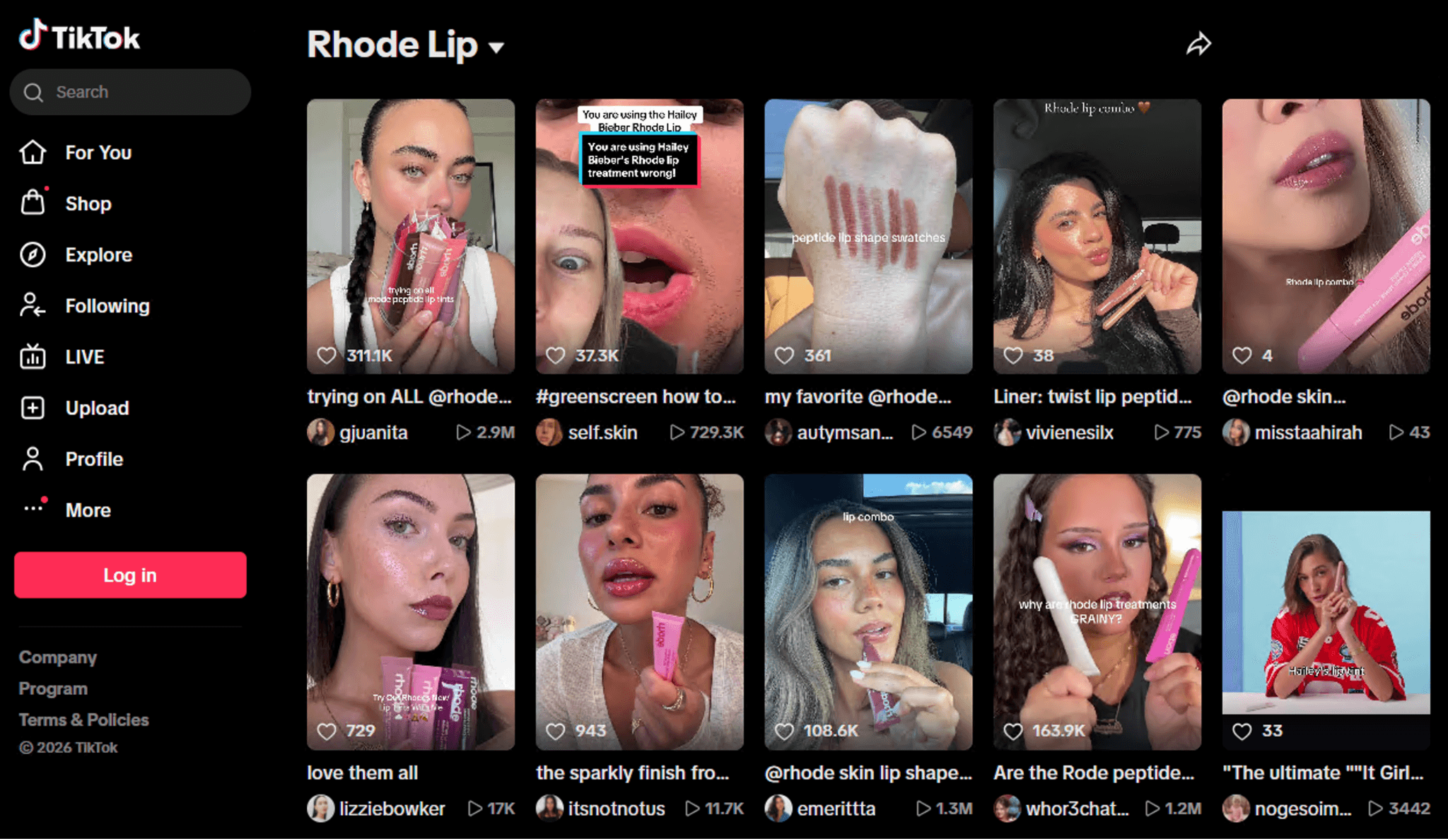 TikTok search results for Rhode Lip showcasing various user reviews and product demonstrations.