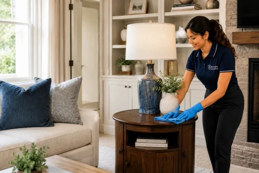 A smiling residential cleaning professional with Brenda's Cleaning carefully polishing a round, dark wood end table using a blue microfiber cloth. She is dressed in a branded navy blue uniform polo, a matching baseball cap, a black apron, and blue protective gloves. The scene illustrates premium home detailing and dusting services inside a well-appointed, bright living room featuring a beige sofa, decorative blue pillows, and built-in shelving.