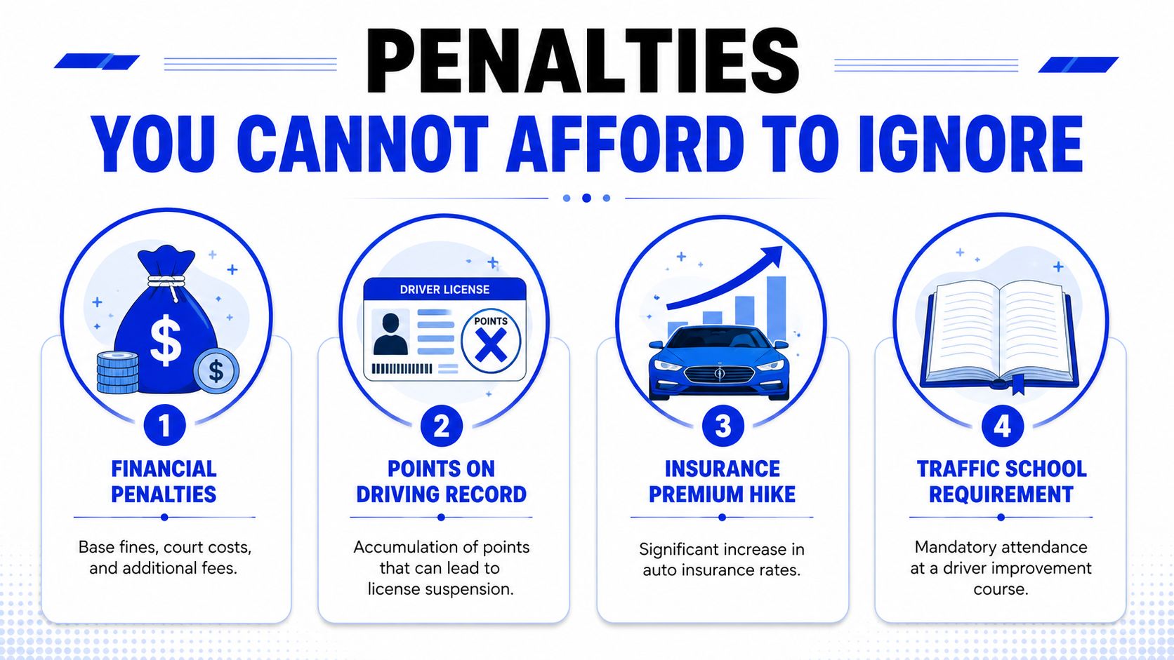 An infographic detailing four negative consequences of traffic violations: financial penalties, license points, insurance hikes, and traffic school.