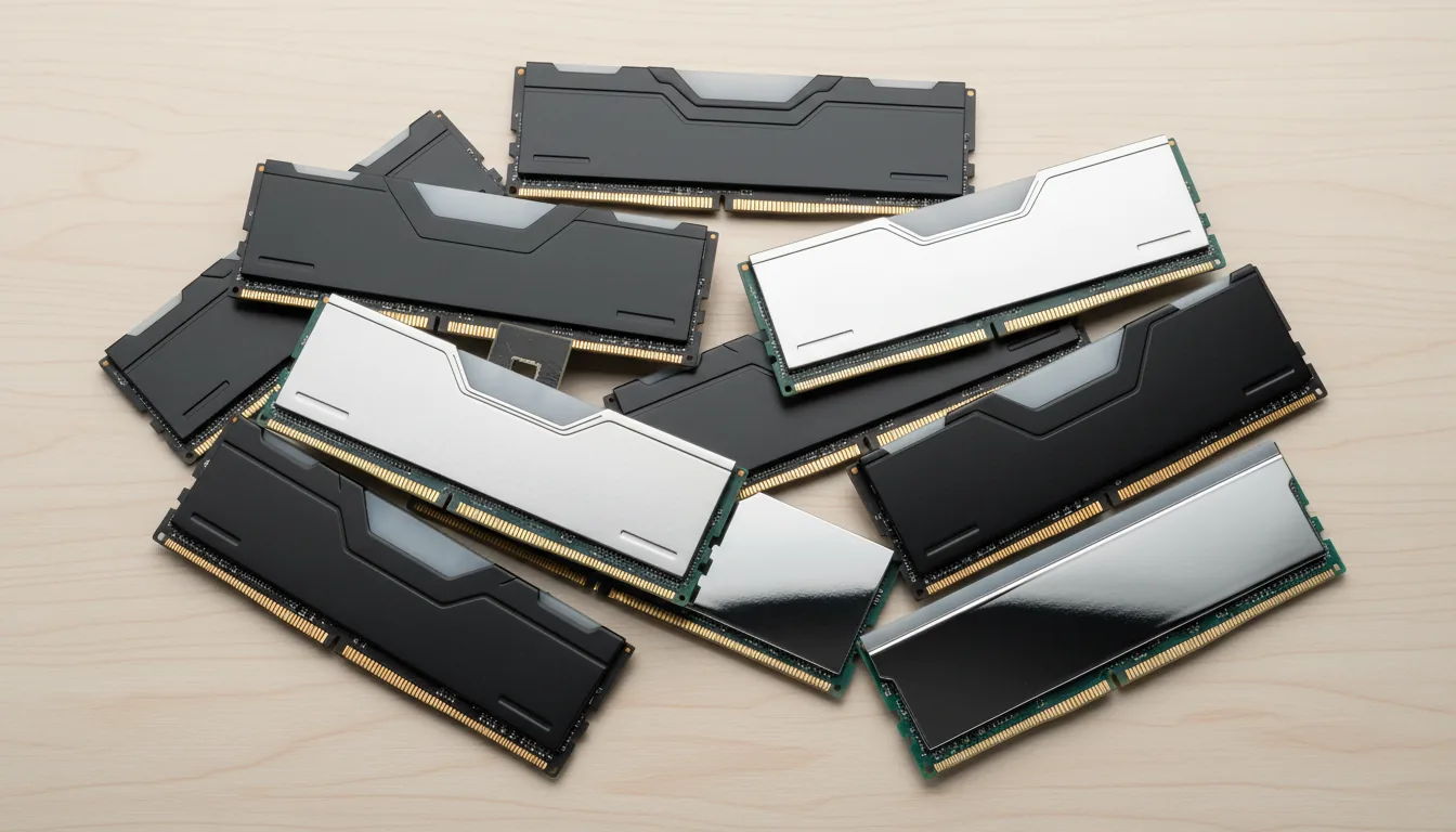 DSLR top-down product photograph of a collection of high-performance DDR5 RAM modules, scattered across a light-colored wood grain surface. The RAM sticks showcase various designs: matte black, brushed metal, and polished chrome heat spreaders. Some modules feature translucent white plastic diffusers. Bright, even studio lighting with soft shadows. The entire image is in sharp focus, capturing the intricate details and textures of the components and wood.