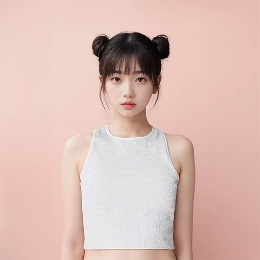 A girl with double buns in her hair stands in front of a pink wall, wearing a white top. AI Fashion Model. Modiqlo