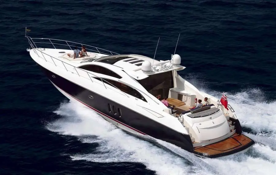 72ft Sunseeker at anchor in Greek islands - turquoise water, white yacht