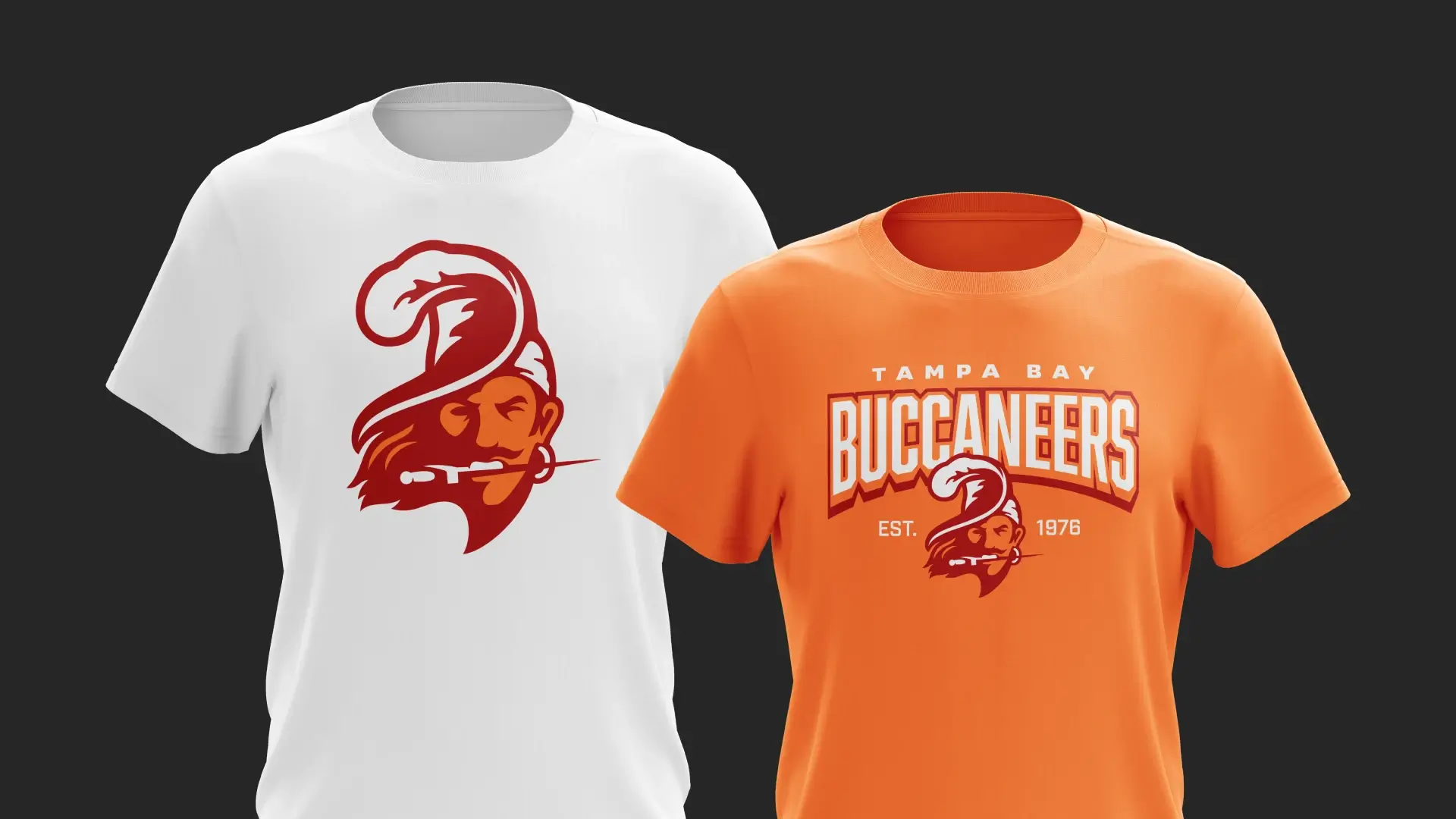Two t-shirts on a gray background. One is white with the buccaneers logo and the other is orange with a word mark focused design.