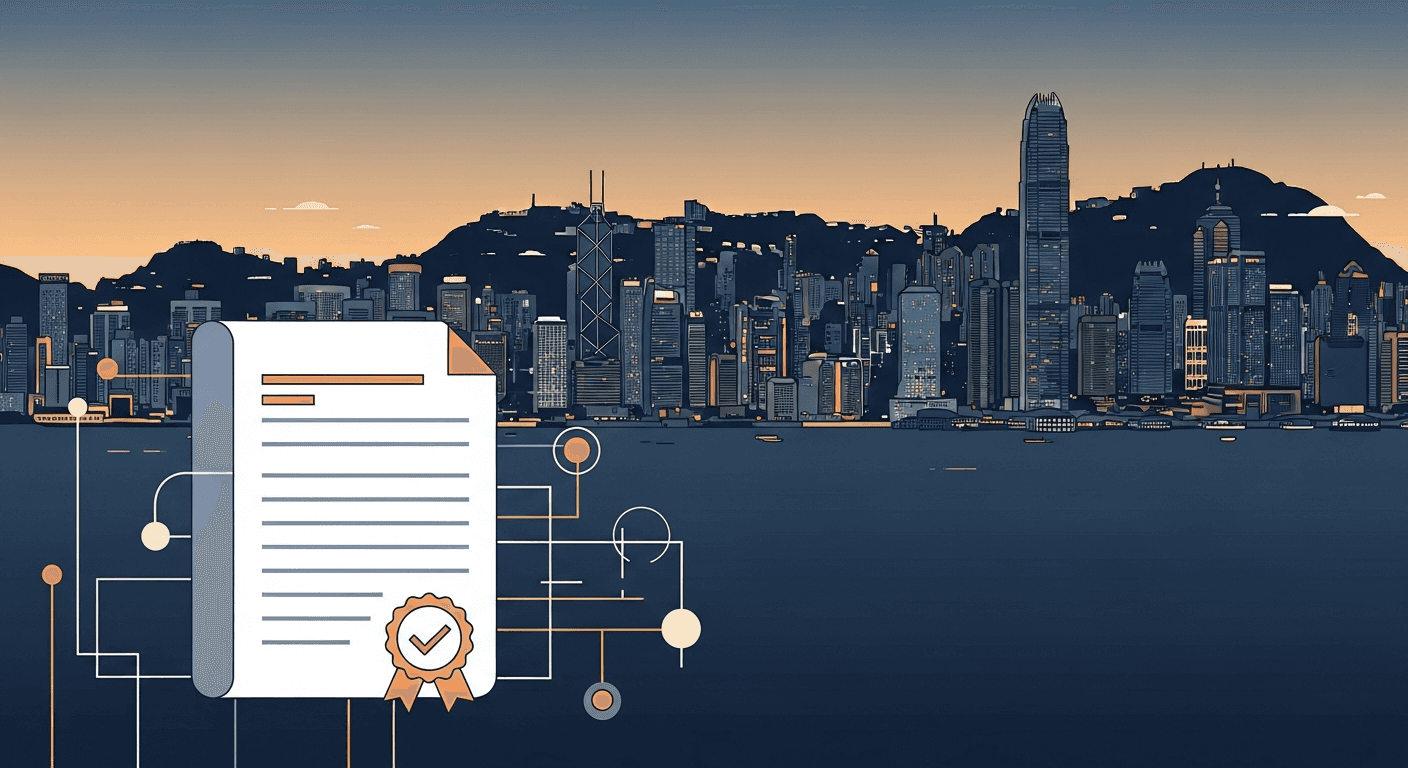 Map of Hong Kong financial district with digital asset regulatory icons and license approval symbols