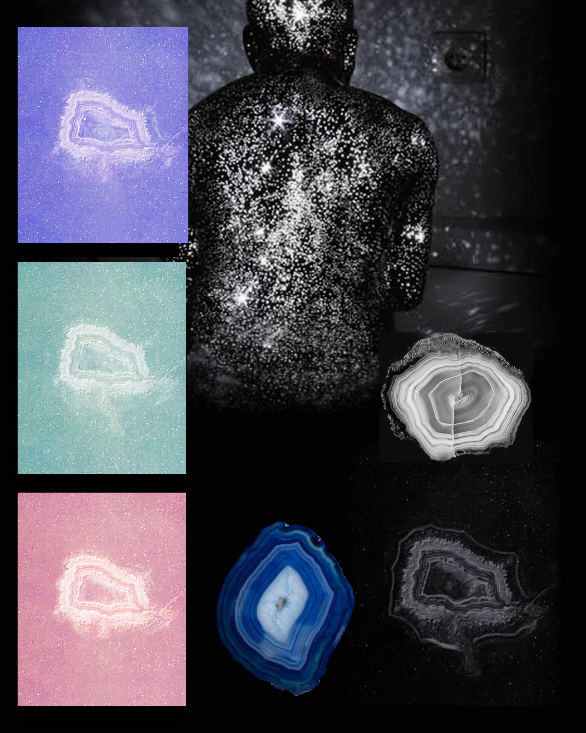 Second moodboard with the geode motif in violet, aqua and pink tiles, a glittering starry torso and agate slices in blue and in black and white