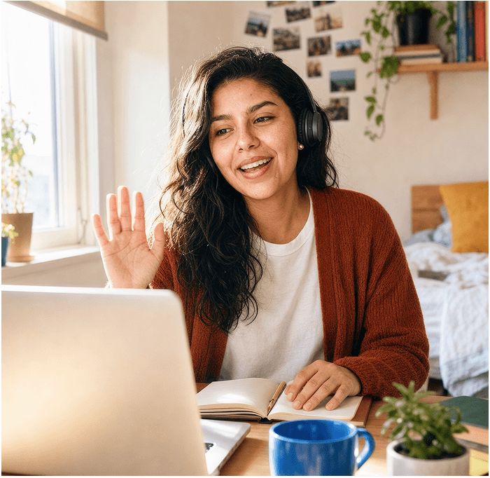 Volunteer tutor waving to a student on a video call