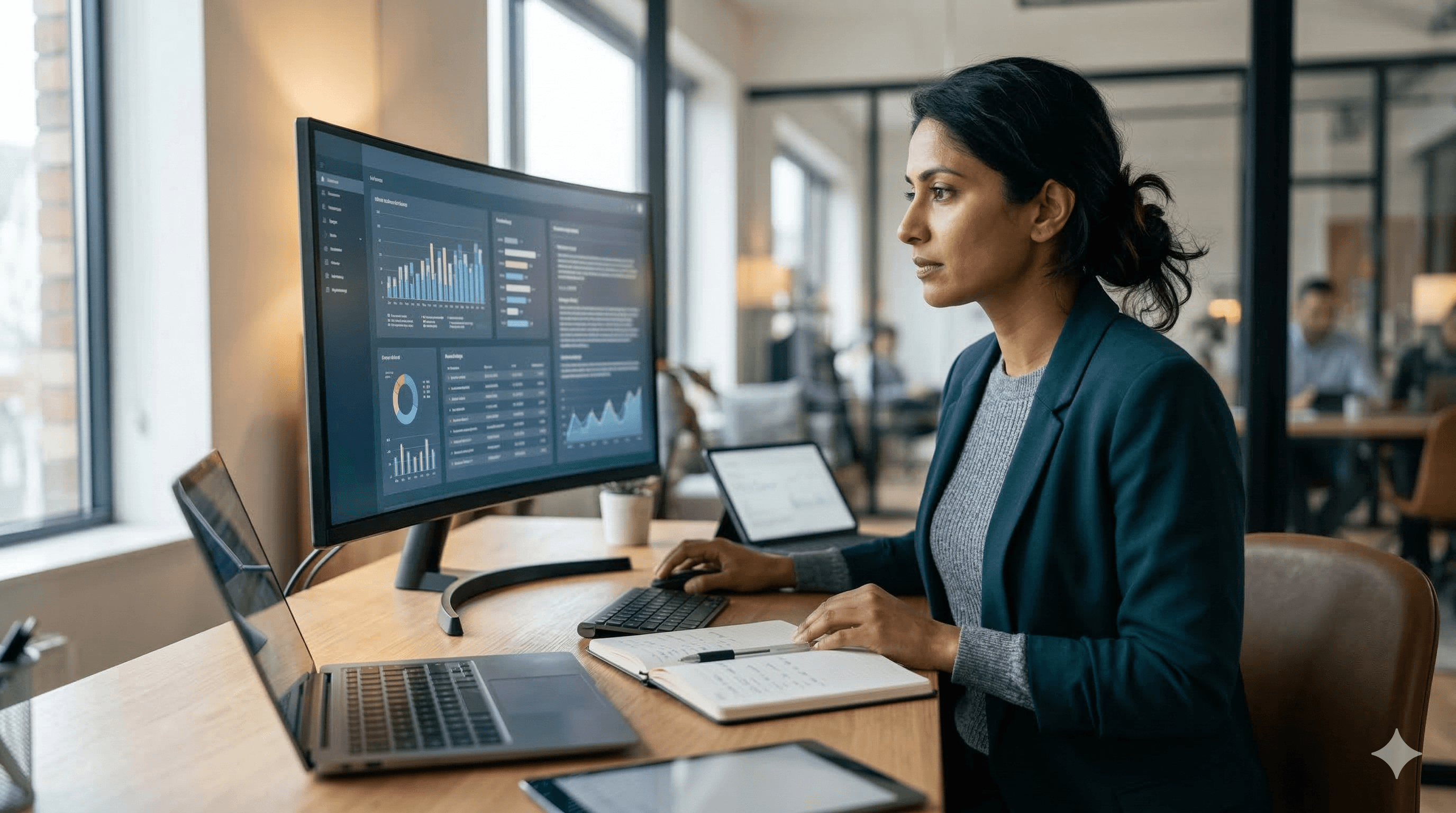 A business professional in a modern office setting is focused on analyzing detailed financial graphs and data on a dual-monitor setup, illustrating the integration of Balyasny’s AI Research Engine: GPT-5.4 in investment workflows.